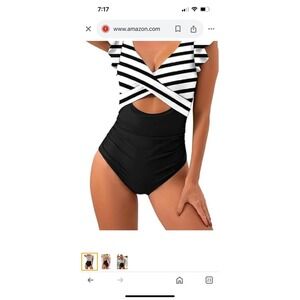 B2PRITY Cut Out One Piece Swimsuit - Black/whiteSize L  Flutter Sleeves NEW